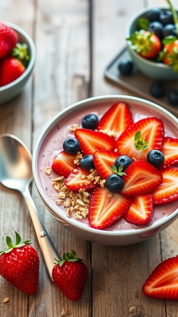 A colorful strawberry berry smoothie bowl topped with fresh fruits and granola on a rustic table.